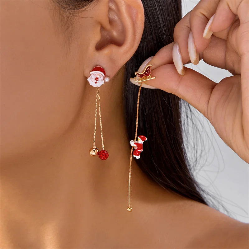 Christmas Asymmetrical Santa Claus Long Tassel Earrings for Women Elegant Snowflake Xmas Tree Elk Earrings Party Jewelry Gifts