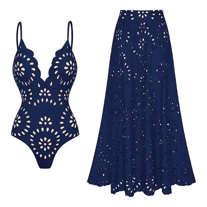 FLAXMAKER Flower Hollow One Piece Swimsuit and Skirt Women Beachwear Luxury Bathing Suit