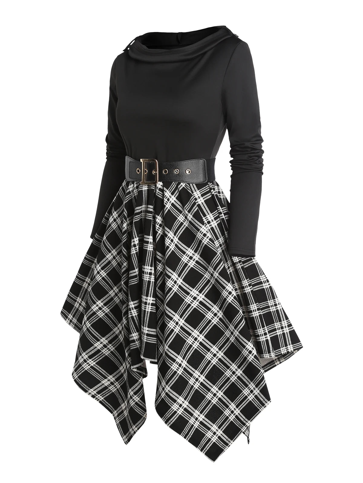 Dressfo Women's Gothic Plaid Hoodie Dresses Panel Asymmetric Hooded Dress Cowl Neck Long Sleeve Belted Dress