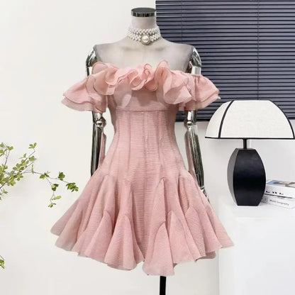 Women's Elegant Off Shoulder Ruffles Slim Mini Dress Lady Summer Sexy Party Holiday Slash Neck A Line Short Dress
