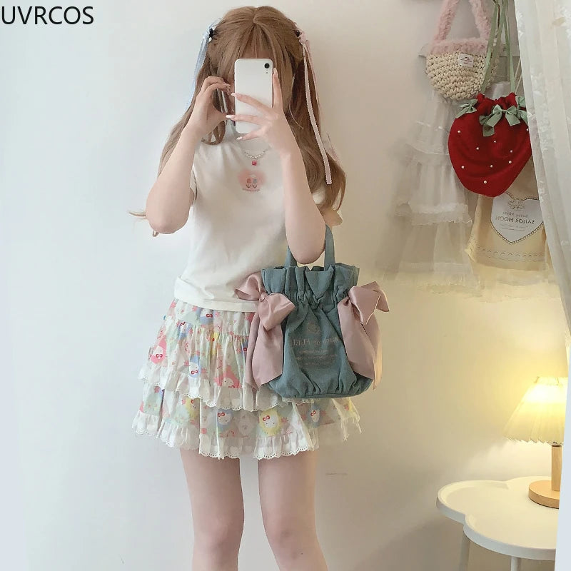 Korean Fashion Sweet Lolita Style Mini Skirt Women Cute Cat Print Layered Lace Cake Skirts Girly Japanese Kawaii Y2k Short Skirt