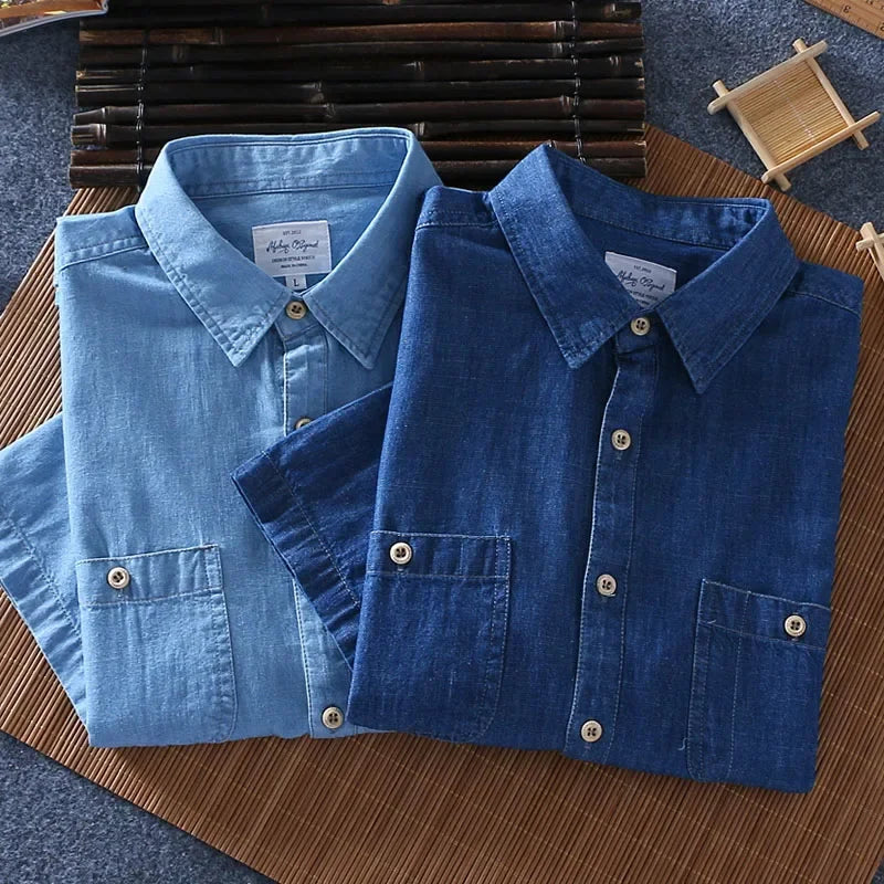 Schinteon Summer Men 100% Slub Cotton Shirt Short Sleeve Thin Slim Casual Denim Comfortable Shirt Two Front Pockets