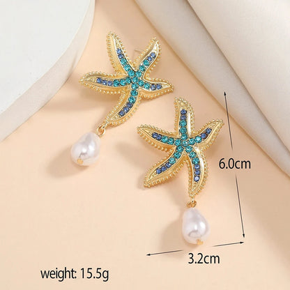 Starfish Earrings with Gold Main Body Inlaid with Blue Diamonds, Pearl Pendants Are Smart, Integrated Marine Elements, Fashionable and Versatile