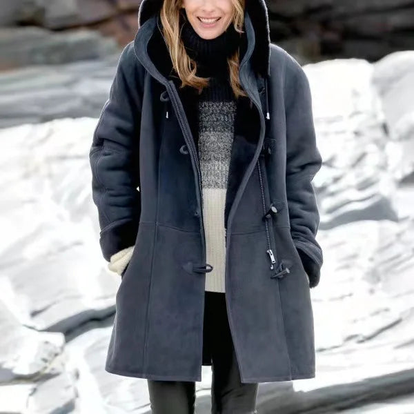Coat Women's Jacket Cow Horn Buckle Pockets Solid Color Fleece Lined Hooded Overcoat Female Outerwear Winter Clothes Women
