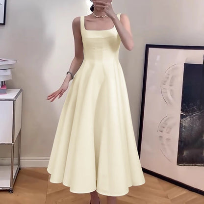 ZANZEA Women Sleeveless Tank Dress Vintage Solid A-line Dresses 2024 Summer Holiday Waisted Robe Casual Square Collar Midi Robe