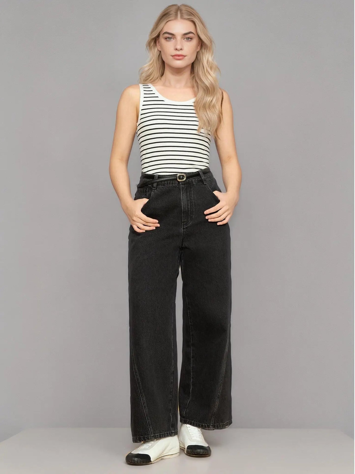 DUSHU Plus Size Women's High Waisted Jeans Women's 2025 Spring New Style Wide Leg Jeans Long Pants 25DS81044+25DS81163