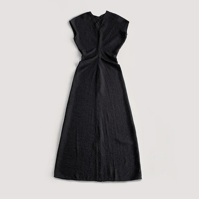 Women's Minimalist Mid-Calf Dress Round Neck Summer Ladies Zipper Draping Pleated Elegant Robe