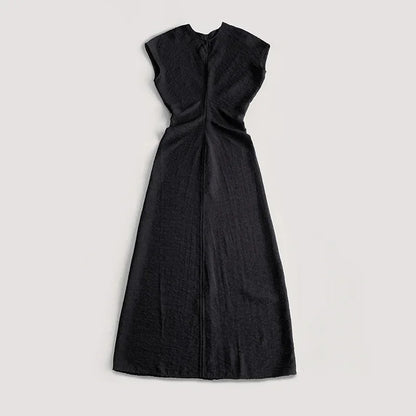 Women's Minimalist Mid-Calf Dress Round Neck Summer Ladies Zipper Draping Pleated Elegant Robe