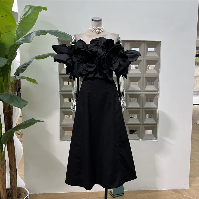 KBQ Spliced Appliques Tunic A Line Dresses for Women Slash Neck Off The Shoulder Sleeve Backless High Waist Sweet Dress Female