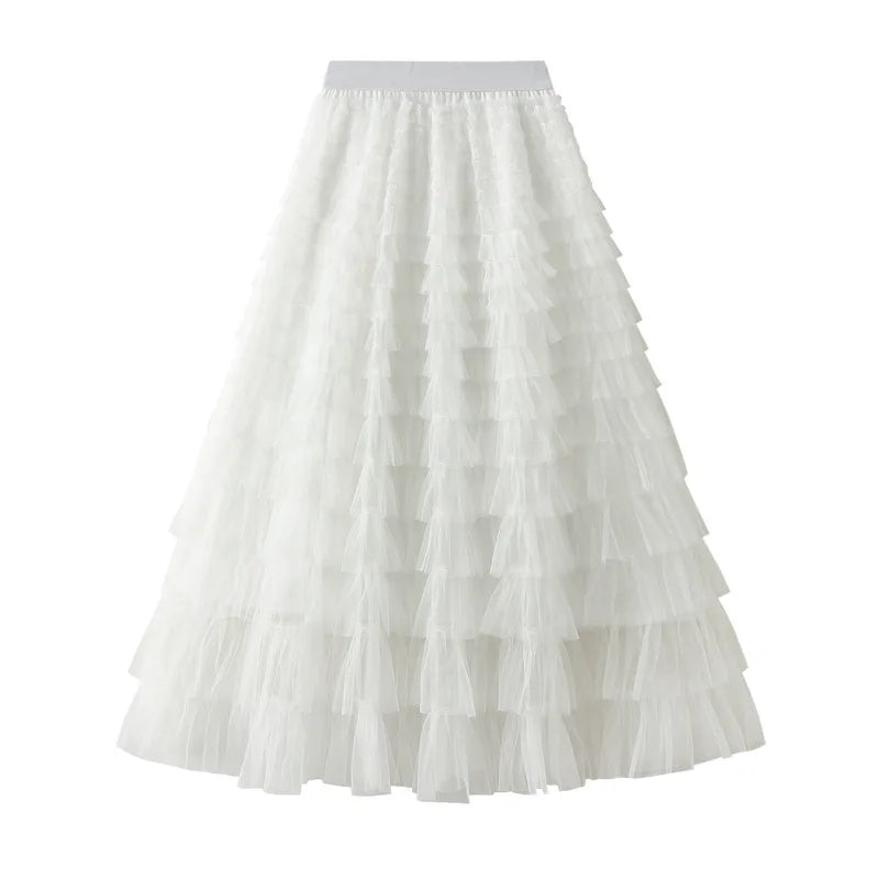 New Arrival 2025 Tulle Cake Long Skirt Women Spring Summer Ruffle Pleated A-Line Chic Skirt Ladies Sweet Black White Tutu Skirts