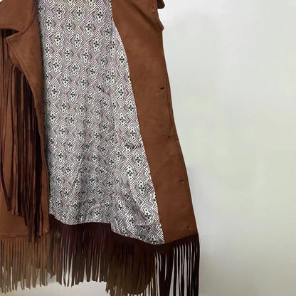 Casual Suede Leather Jacket Brown Lapel Pocket Fashion Woman Single Button Long Sleeve Tassel Coat Lady Spring Street Outwear