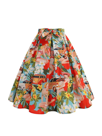 50s Vintage Women Skirt High Waist Floral Print Pleated Midi Retro Summer Swing Holiday Skirts
