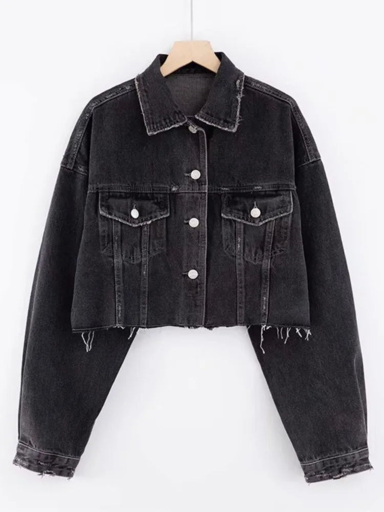 Autumn Drop Shoulder Loose Short Denim Jacket Vintage Women Lapel Pockets Single Breasted Draped Jean Coat Cool Outerwear