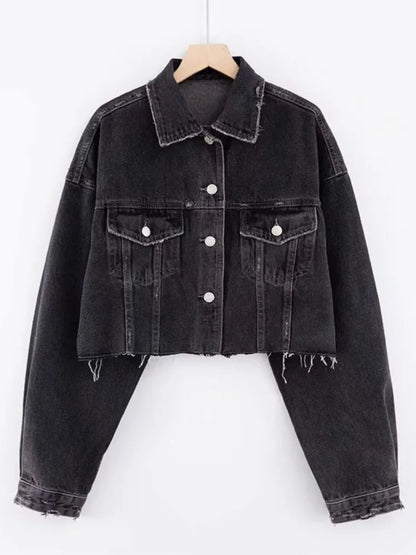 Autumn Drop Shoulder Loose Short Denim Jacket Vintage Women Lapel Pockets Single Breasted Draped Jean Coat Cool Outerwear