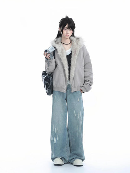 Faux Fur Coats Women American Vintage Jackets  Long Sleeve Hooded Office Lady Trench Winter Clothes Y2k Grey Jackets Streetwear
