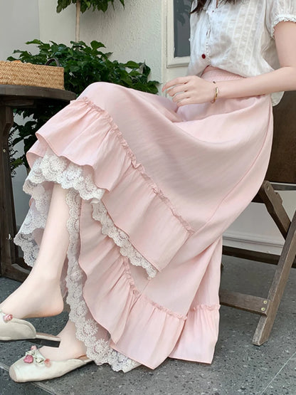 Zoki Korean Pink Long Skirt Women Sweet Vintage High Waist Preppy Style Skirt Casual Loose Lace Patchwork Irregular Long Skirts