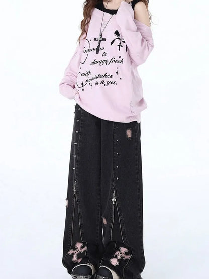 Women's Baggy Pants Punk Y2K Denim Jeans High Street Patchwork Vintage Design Rocker Straight High Waist Printed Patch Raw Edges
