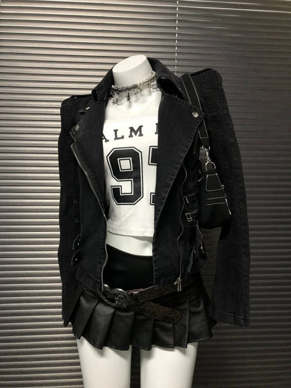 Y2K Gothic Black Coat  Bomber Jacket Women Harajuku Vintage Turn Down Collar Denim Jacket Punk Diagonal Zipper Motorcycle Jacket