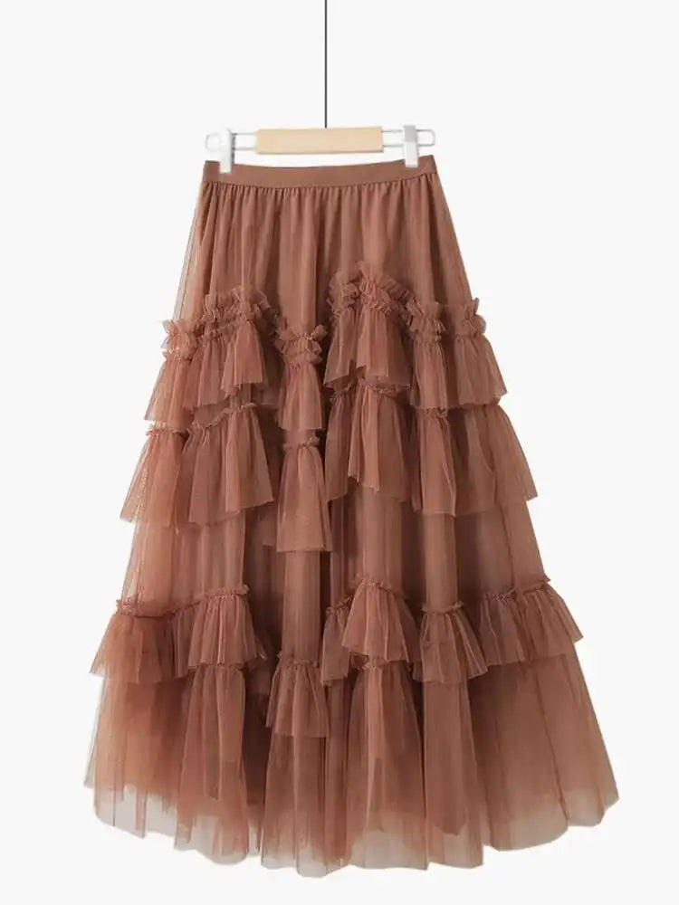 XFPV 2025 Autumn Summer Fashion Elegant Purple Cake Skirt Women Ruffles All-Match Mesh Stitching High Waist Midi Faldas SM1982