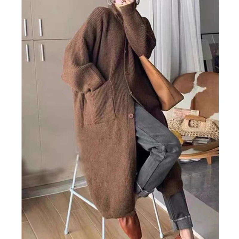 Solid Loose High Neck Women Mid Length Sweater Coat Spring Autumn Korean Single Breasted Casual Long Sleeve Knit Cardigan 6762#