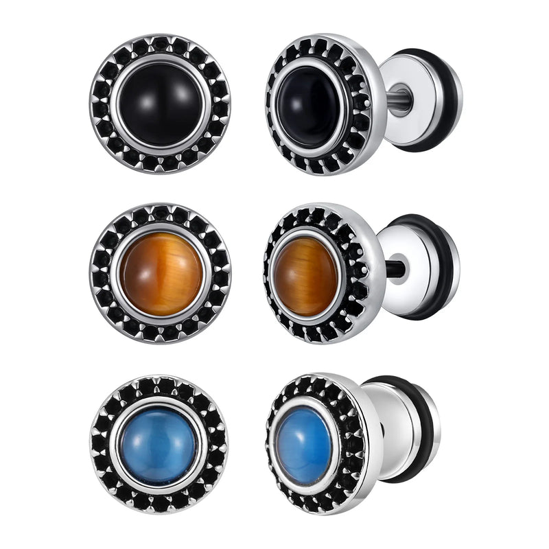 Vnox Vintage Punk Black Zircon Earrings for Men, Hypoallergenic Studs Jewelry, Stainless Steel Earrings 9mm Round Jewelry Gifts