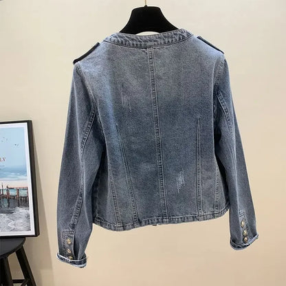 Crew Neck Denim Jacket Long Sleeve Women Single-breasted Retro Korean Fashion Coat Autumn Short Tops Casual Chic Cardigan