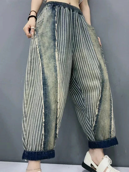 Amax luluE 2024 Summer Females Fashion Denim Pants Women Loose Vintage Striped Design Jeans Ladies Casual Classic Harem Trousers