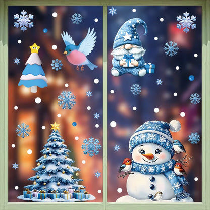 Santa Claus Stickers Blue Snowman Window Decorations Glass Static Stickers Christmas Decorations Snowflake Window Stickers