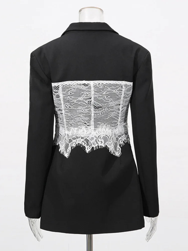 ZMEENNA Women's Black Blazer With White Lace Corset Detail Long Sleeve Formal Jacket For Evening Party Stylish ZM3540