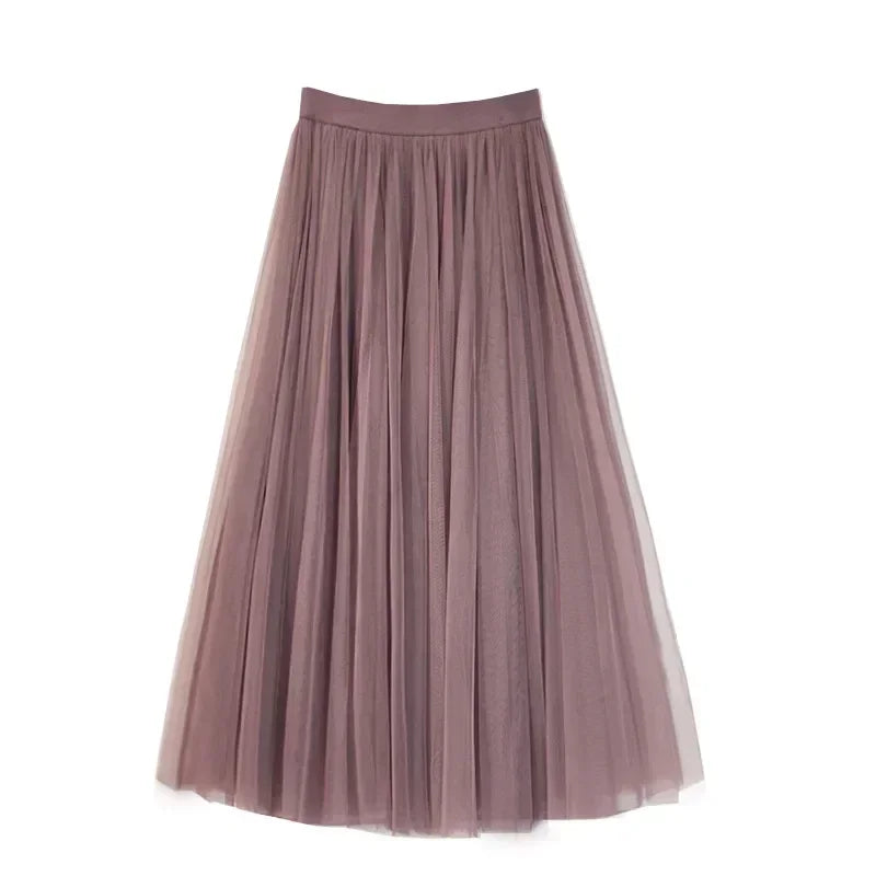 Women Mesh Elastic Tutu Skirt Beach Spring Summer Korean High Waist Fashion Pleated Long Skirt Black White Tulle Skirts LSK010