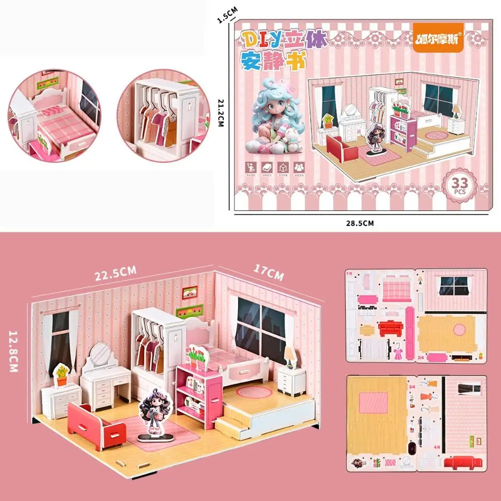Bedroom DIY Puzzle Dollhouse Room Kitchen Bathroom Pretend Play Paper Doll House Living Room Cardboard 3D Paper Puzzle Room