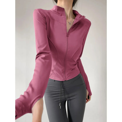 S-3XL Women's Fitness Jackets Yoga Coat with Zipper Slim Running Wear Stretch Gym Crop Top Lightweight Sports Outerwear Hoodless
