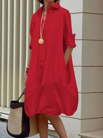 Yeezzi Women's Lapel Shirts Dress 2024 New Spring Summer Long Sleeves Loose Solid Color Casual Going Out Office Midi Dresses