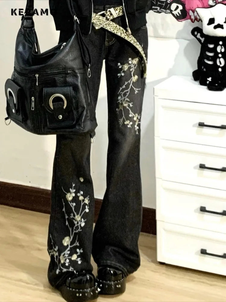 Women's Casual Floral Print Full Length Denim Trouser 2000s Street Retro High Waist Jeans Vintage Dark Trashy Skinny Emo Pants
