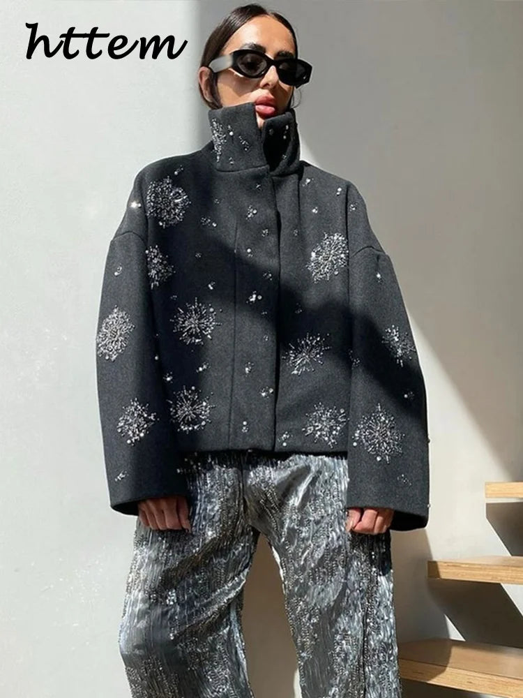 Street Women's Snowflake Beading Woolen Coat Elegant Stand Collar Zipper Full Sleeve Jacket 2024 Autumn Winter Lady Chic Outwear