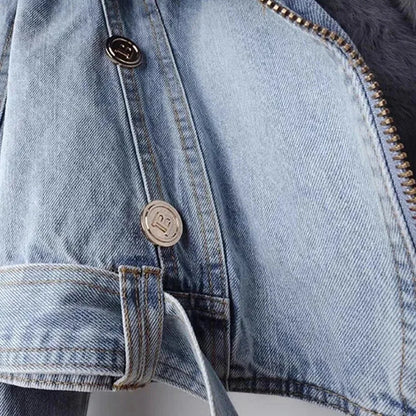 Women Faux Fox Fur Collar Jean Coat Winter Denim Jacket Female Short Warm Parkas Rabbit Hair Lining Outwear Fashion Overcoat