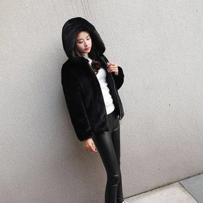 Lucyever High Quality Faux Rabbit Fur Hooded Coat Women Black Luxury Faux Fur Jacket Female Winter Zip Thick Warm Furry Coats