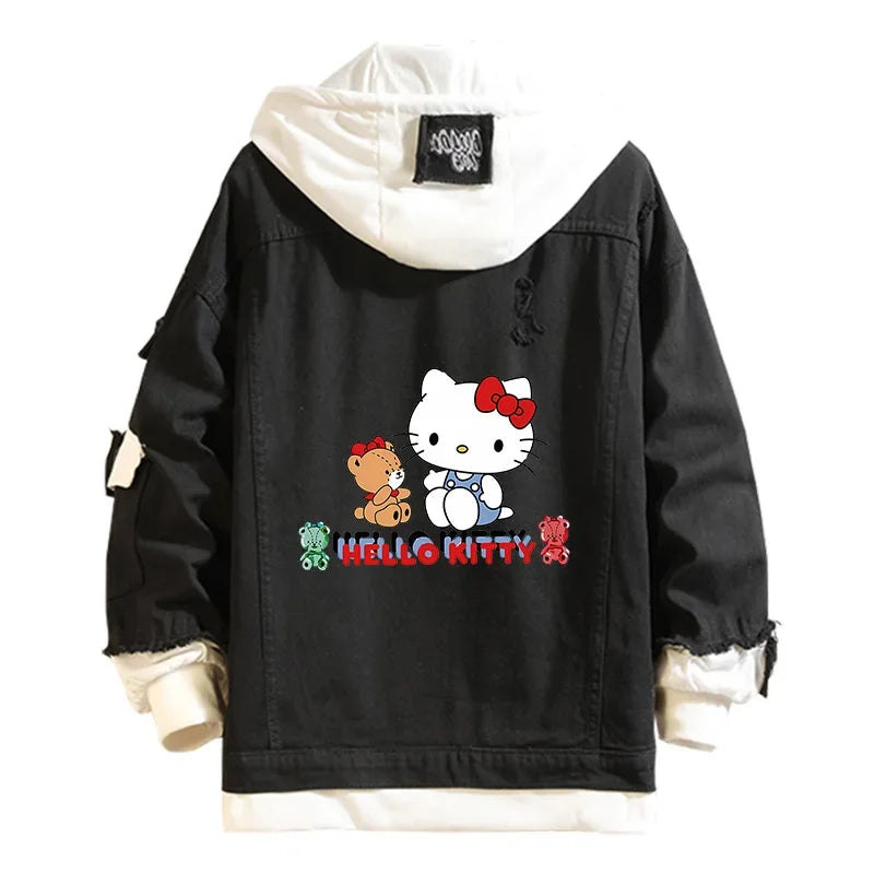 Anime Sanrio Denim Bomber Jacket Hello Kitty Hooded Jeans Sweatshirt Unisex Ripped Hole Cosplay Hoodie Long-Sleeved Denim Jacket