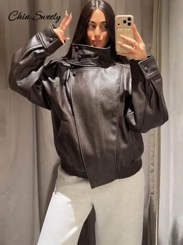 Vintage Stand Neck Leather Jacket Women Solid Motorcycle Style Asymmetry Elastic Hem Loose Cropped Jackets Lady New Outwear 2026