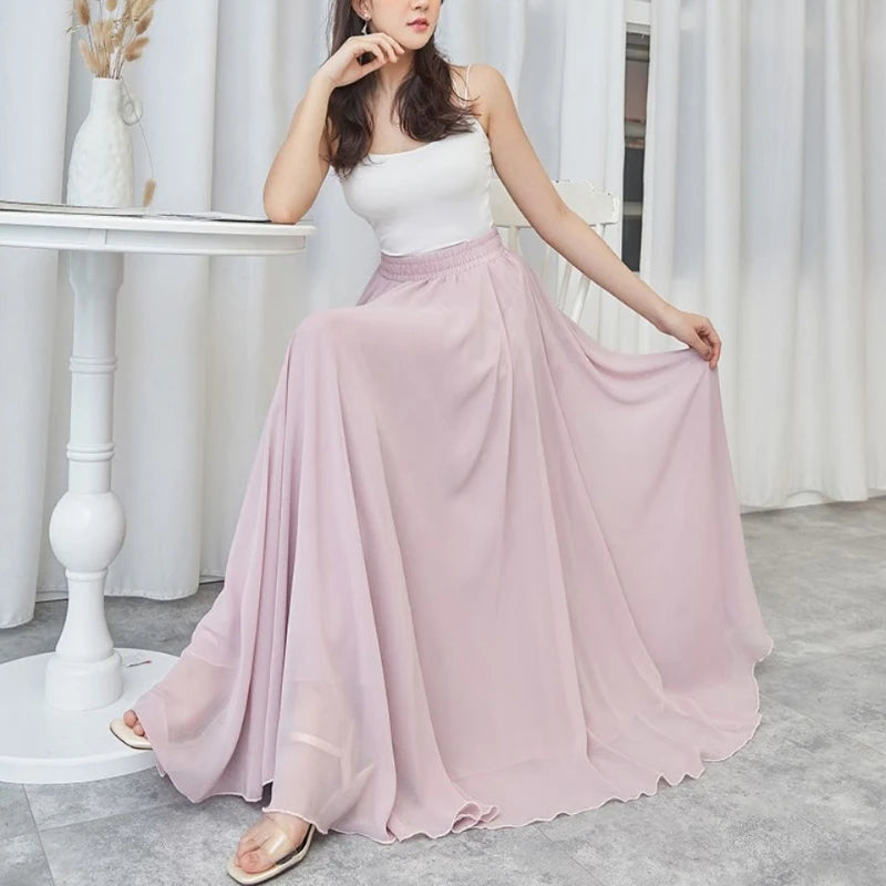 720 Degree Dance Skirt Pleated Long Skirt Women's Summer Solid Color High Waist Chiffon Long Skirt Large Swing Skirt