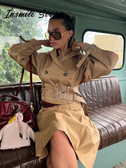Street Hooded Double-buckle Belt Short Jacket Double Breasted Long Puff Sleeves Khaki Coat 2025 Autumn Lady Chic Outwear New