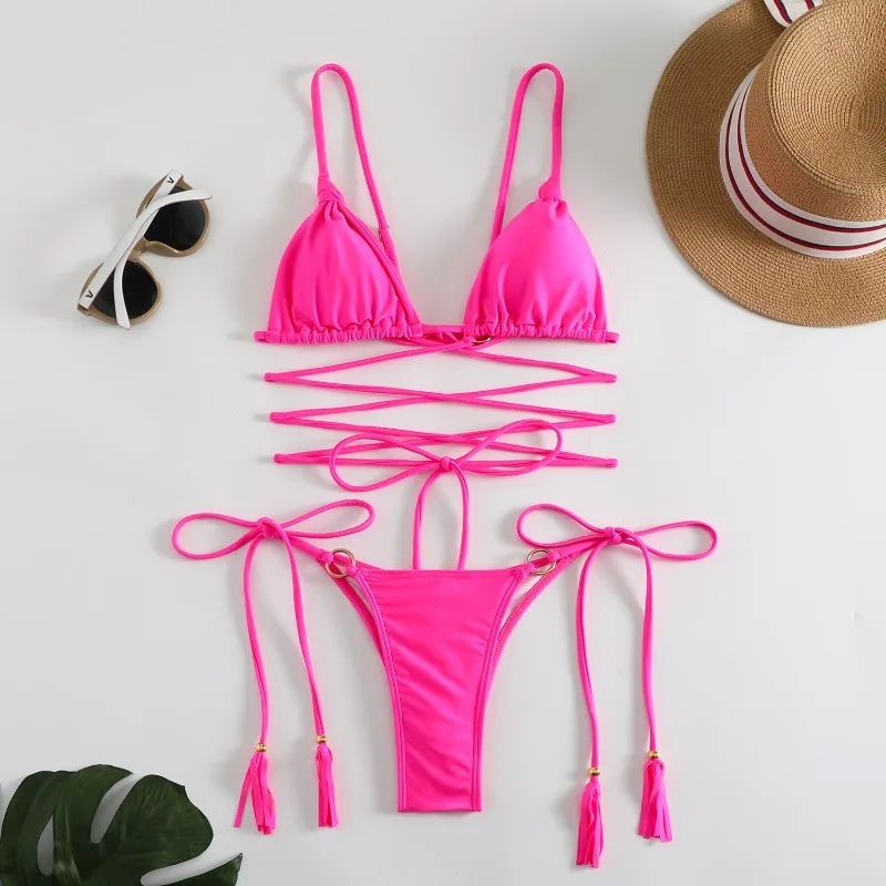 2024 Luxury Bikini Set Women Sexy Swimsuit High Cut Bandage Bikini Set Bathing Suit With Tassels Summer Brazilian Biquini