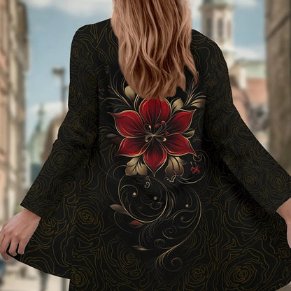 Fashion Women's Vintage Flower Long Sleeve Cardigan, Polyester Open Front, Lightweight Cover Up, Spring Autumn Casual Coat