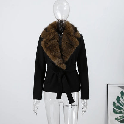 Street Women's Double Breasted Cropped Trench Coat With Faux Fur Collar Loose Full Sleeve Pocket Jacket 2025 Autumn Lady Outwear