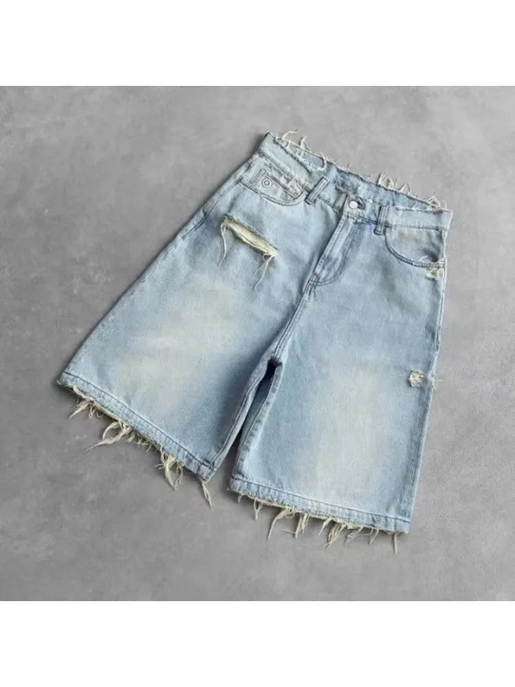 HOUZHOU Washed Ripped Short Jeans Women and Man Hole Embroidery Wide Leg American Retro Jorts Baggy Casual Streetwear Summer