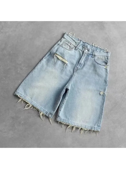 HOUZHOU Washed Ripped Short Jeans Women and Man Hole Embroidery Wide Leg American Retro Jorts Baggy Casual Streetwear Summer