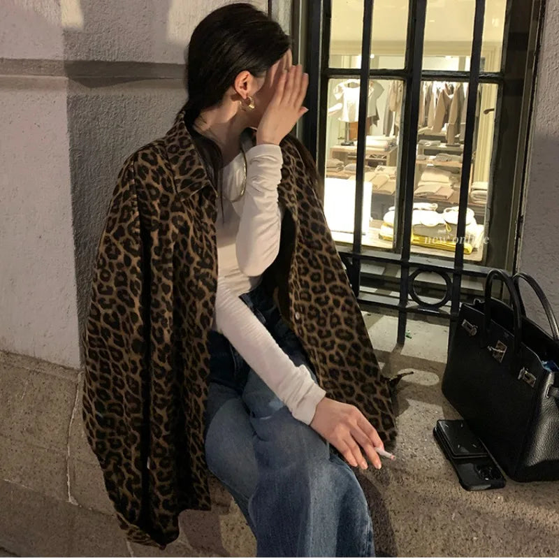 Leopard Jackets for Women Autumn Chic Loose High Street Vintage Single Breasted All-match Baggy College Cool Coats Streetwear BF