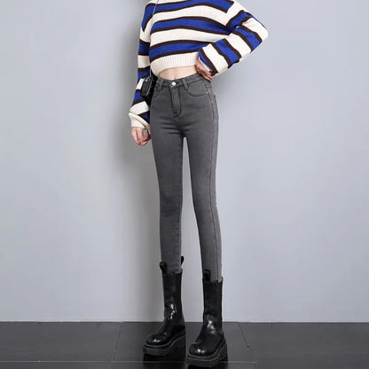 Pure Color Fleece Lined Thickened Slim Fit High Waist Jeans Women's Fashion plus Size Long Pants Tight Bodycon Style