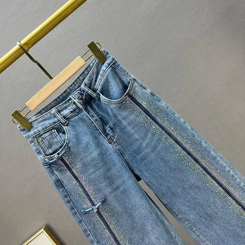 Rhinestone Jeans Women's Wide-Leg Pants 2023 Spring New High Waist Loose and Slimming Mop Pants Fashionable Trousers