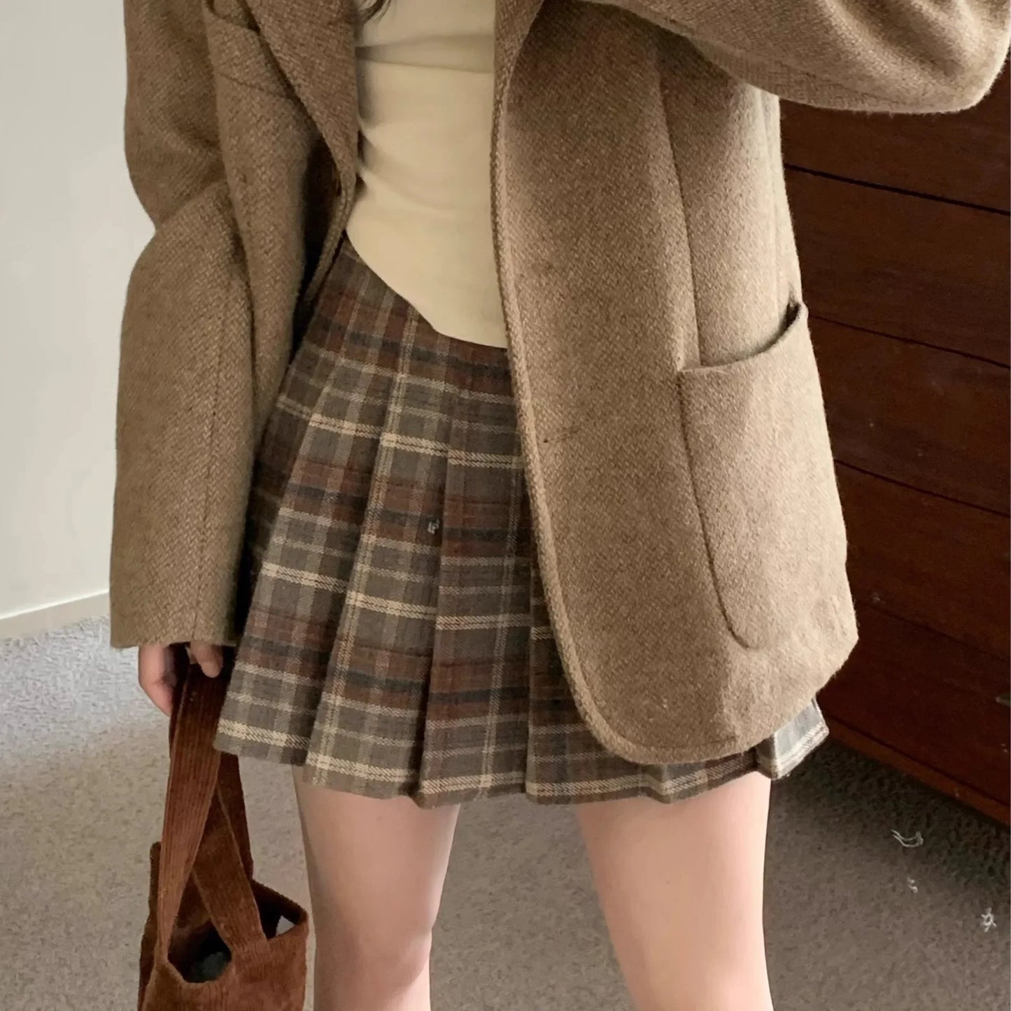 Retro Plaid Woolen Mini Skirt Women plus Size Spring Autumn Thickened Coffee Pleated Skirt Small Size High Waist A- Line Skirt